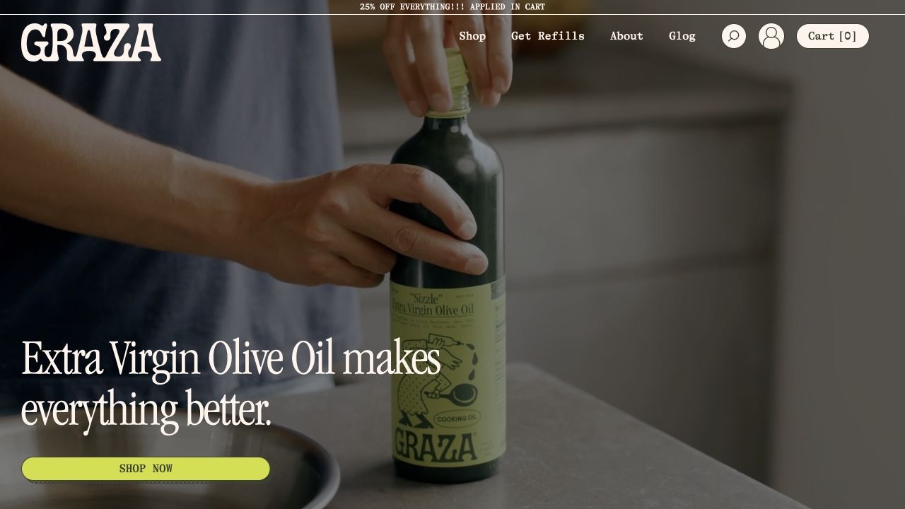 Graza website: Big type and everyday cooking with olive oil
