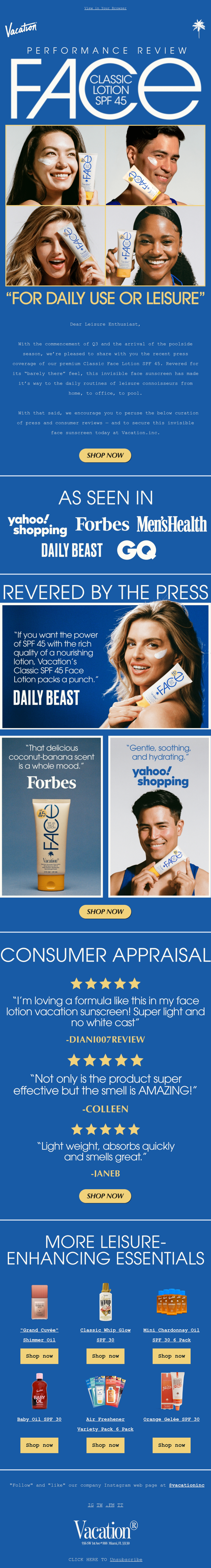 Vacation’s Face sunscreen performance review email