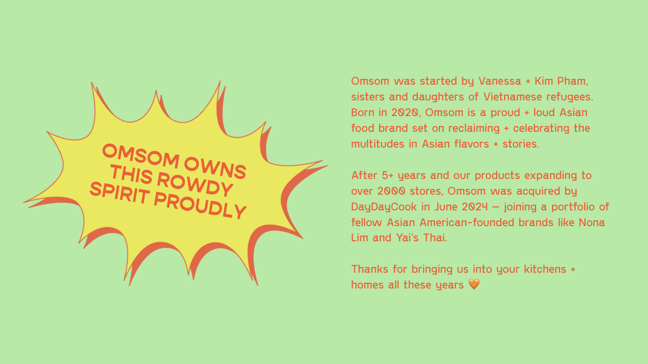 Omsom website: A starburst and founder letter explain the brand’s history and acquisition