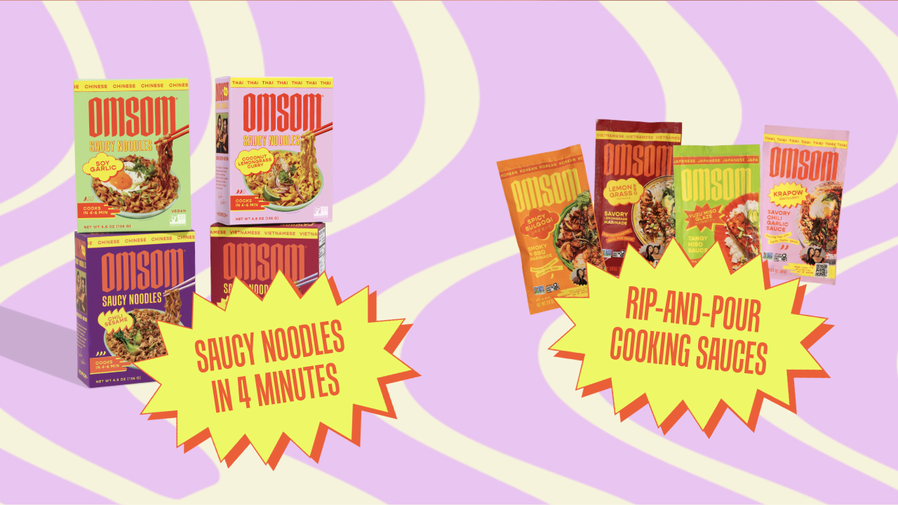 Omsom website: Noodles and cooking sauces share a swirling two-family product panel
