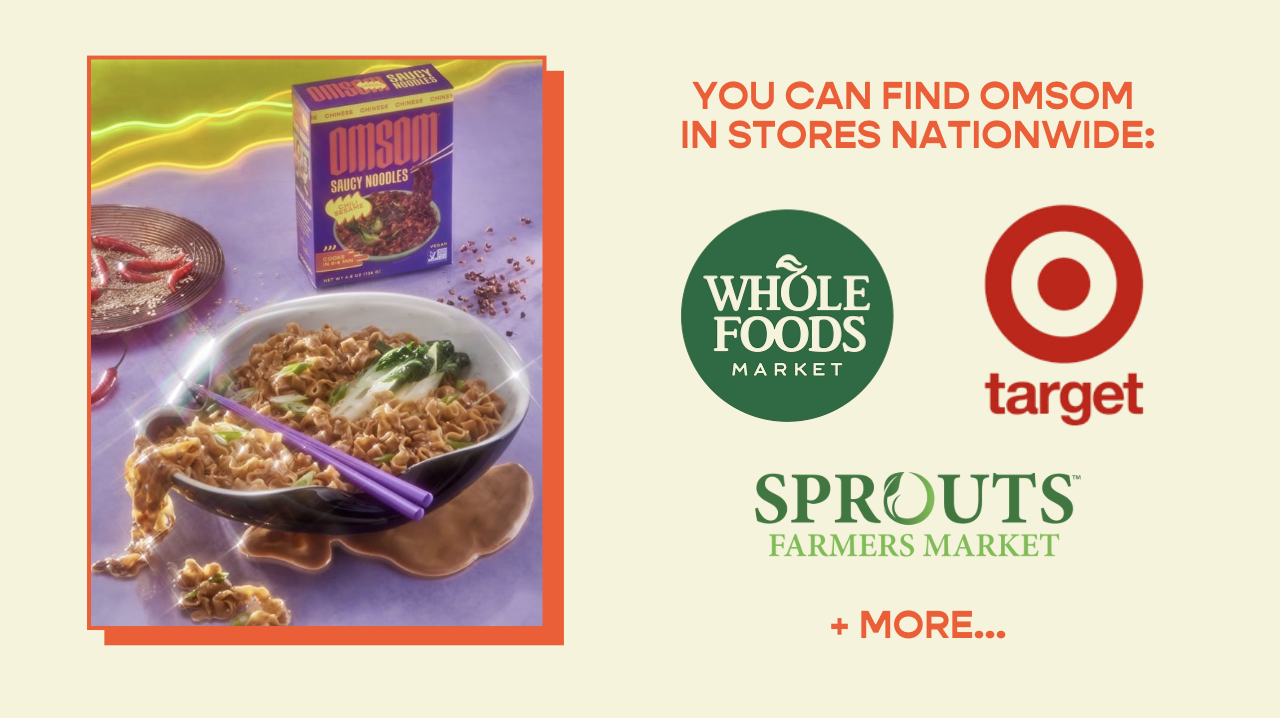 Omsom website: A noodle photograph sits beside three national retailer marks